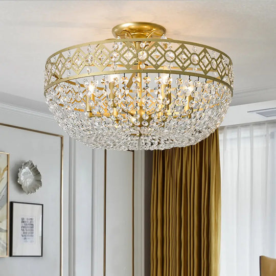 Gold Dome Semi Flush Mount Light With Postmodern K9 Crystal Accents - 3 Lights For Bedroom Ceiling