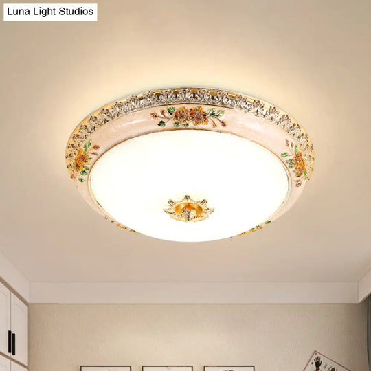 Gold Domed Ceiling Flush Led Bedroom Light With Carved Flower - Traditional Opaque Glass 3 Width