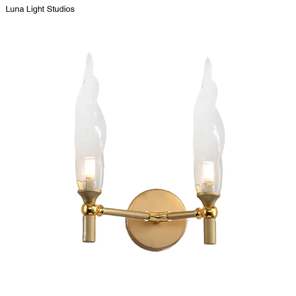 Gold Double Arm Wall Mount Sconce With Clear Glass Shade - Modern Metal Lighting Fixture For Living