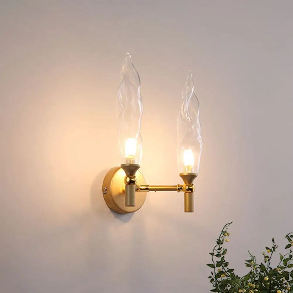 Gold Double Arm Wall Mount Sconce With Clear Glass Shade - Modern Metal Lighting Fixture For Living