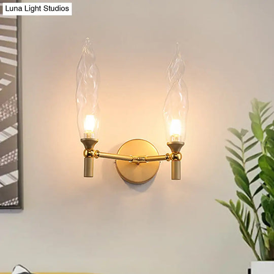 Gold Double Arm Wall Mount Sconce With Clear Glass Shade - Modern Metal Lighting Fixture For Living