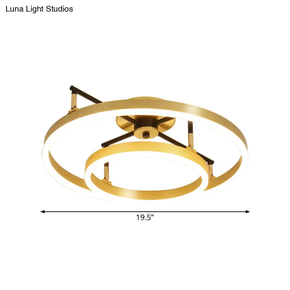 Gold Double Hoop Semi Flush Mount Led Ceiling Light Fixture In Warm/White 19.5/23.5 Inch Wide