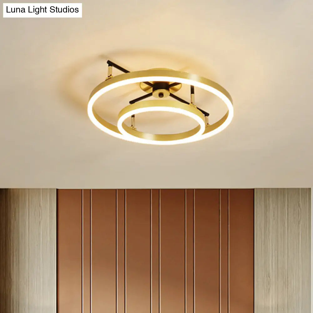 Gold Double Hoop Semi Flush Mount Led Ceiling Light Fixture In Warm/White 19.5/23.5 Inch Wide