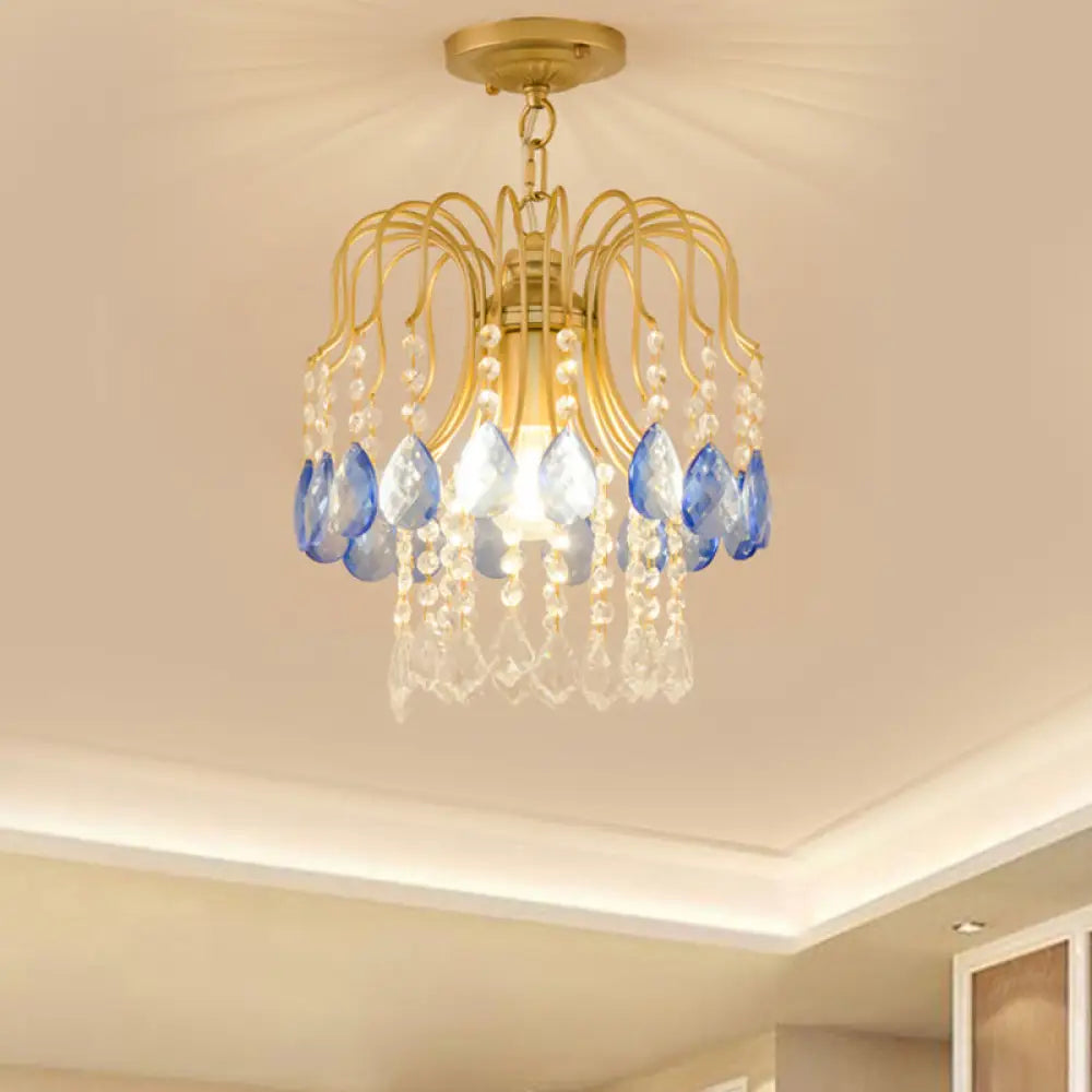Gold Double - Layered Crystal Ceiling Mount Light Fixture - Modern Semi Flush Design