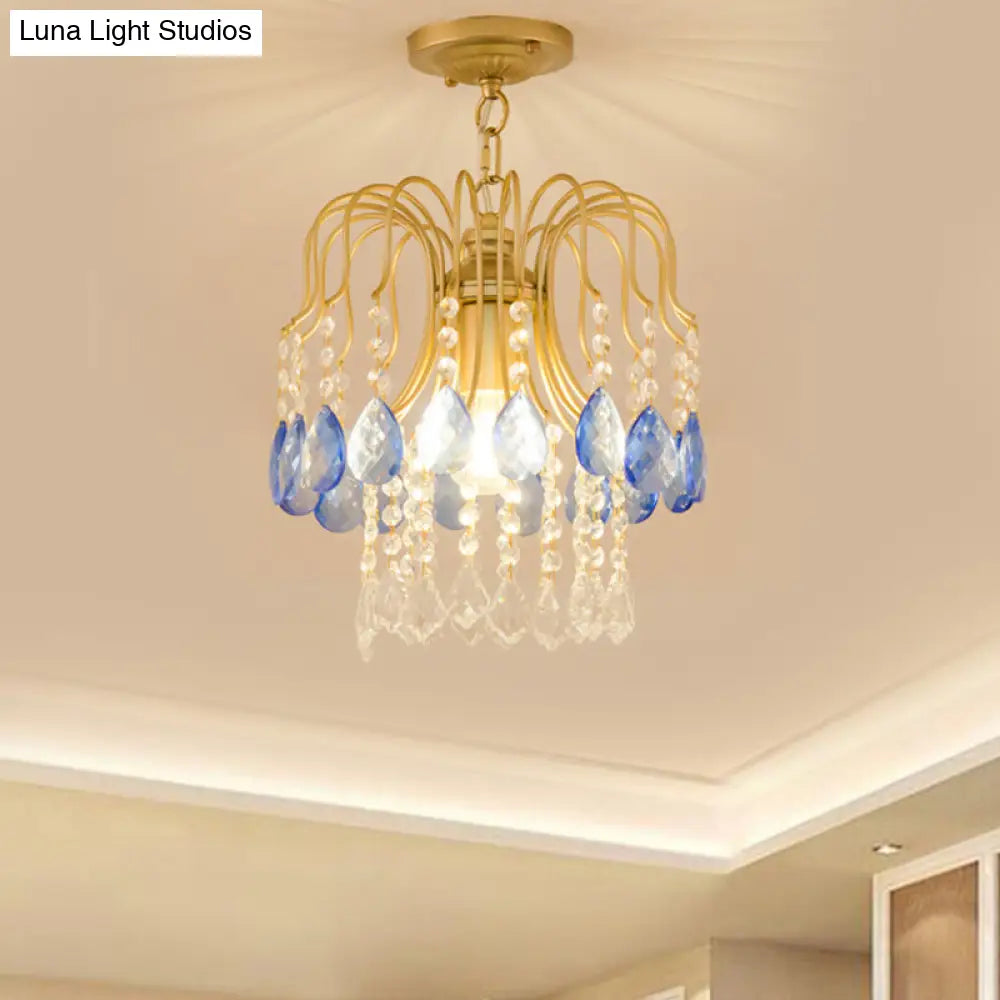 Gold Double-Layered Crystal Ceiling Mount Light Fixture - Modern Semi Flush Design