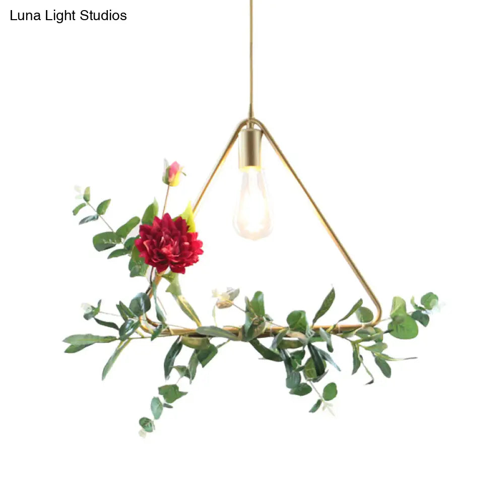 Gold Drop Pendant Iron Triangle/Square/Rectangle Farm Frame Suspension Lighting With Faux Rose