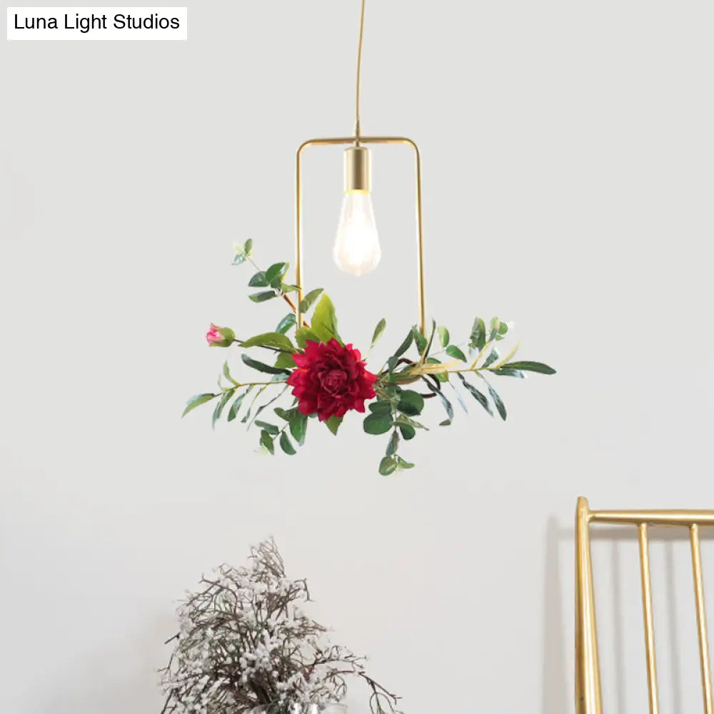 Gold Drop Pendant Iron Triangle/Square/Rectangle Farm Frame Suspension Lighting With Faux Rose