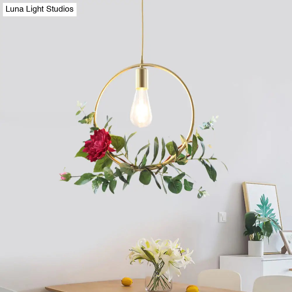 Gold Drop Pendant Iron Triangle/Square/Rectangle Farm Frame Suspension Lighting With Faux Rose /