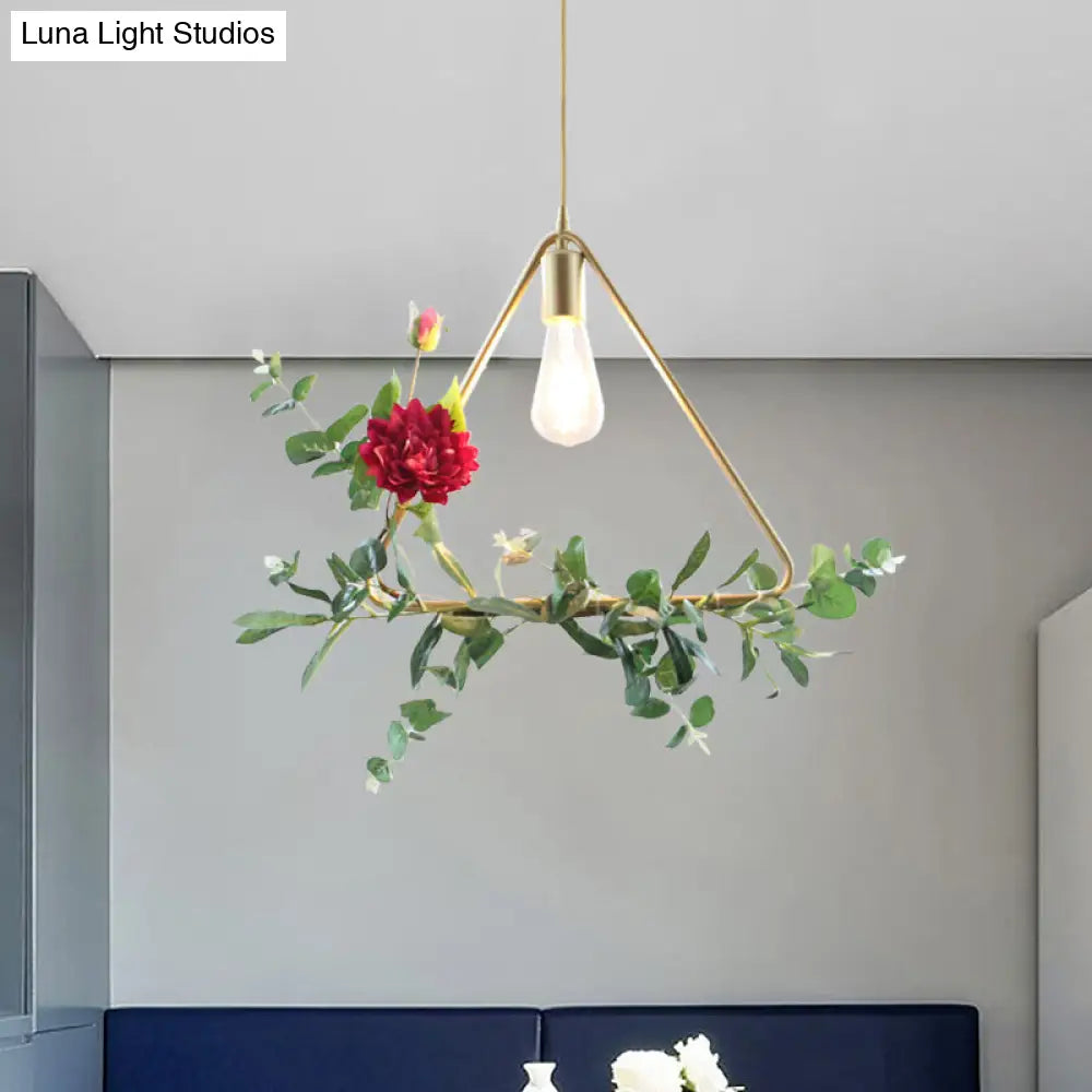 Gold Drop Pendant Iron Triangle/Square/Rectangle Farm Frame Suspension Lighting With Faux Rose /