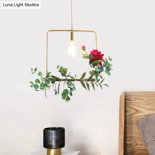 Gold Drop Pendant Iron Triangle/Square/Rectangle Farm Frame Suspension Lighting With Faux Rose