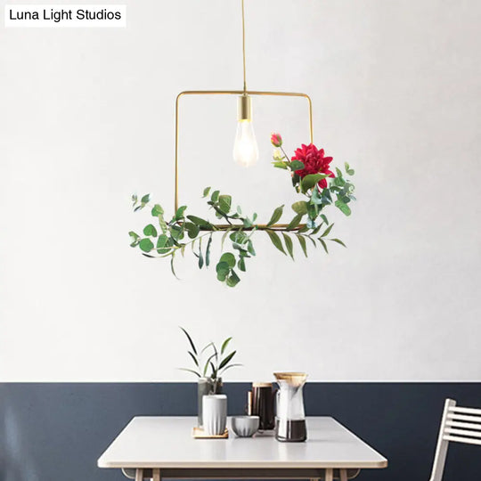 Gold Drop Pendant Iron Triangle/Square/Rectangle Farm Frame Suspension Lighting With Faux Rose