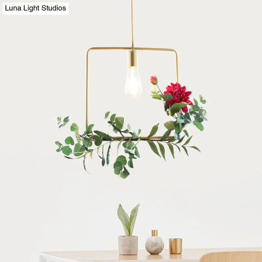 Gold Drop Pendant Iron Triangle/Square/Rectangle Farm Frame Suspension Lighting With Faux Rose /