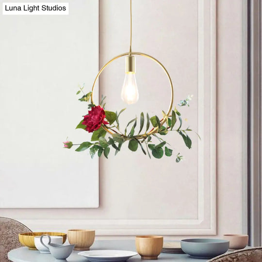 Gold Drop Pendant Iron Triangle/Square/Rectangle Farm Frame Suspension Lighting With Faux Rose