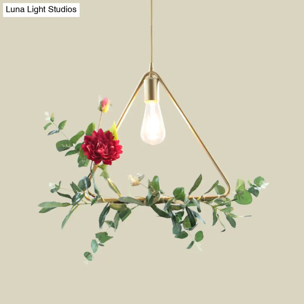 Gold Drop Pendant Iron Triangle/Square/Rectangle Farm Frame Suspension Lighting With Faux Rose