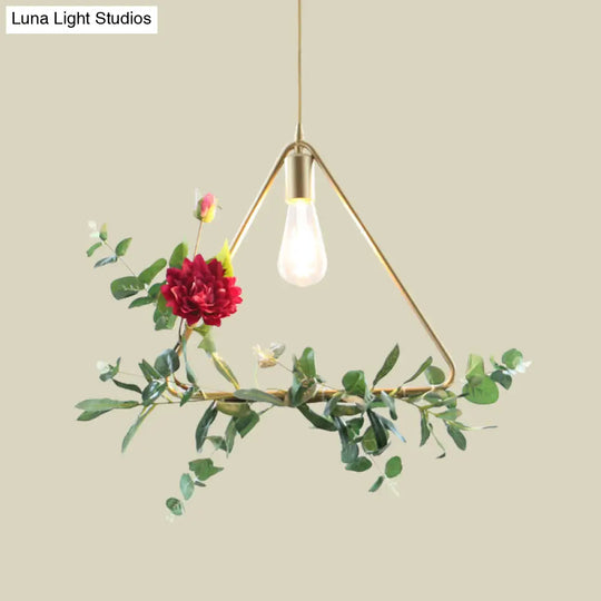 Gold Drop Pendant Iron Triangle/Square/Rectangle Farm Frame Suspension Lighting With Faux Rose