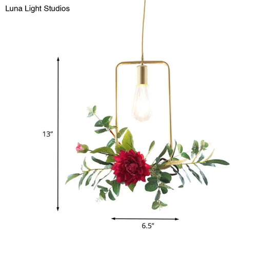 Gold Drop Pendant Iron Triangle/Square/Rectangle Farm Frame Suspension Lighting With Faux Rose