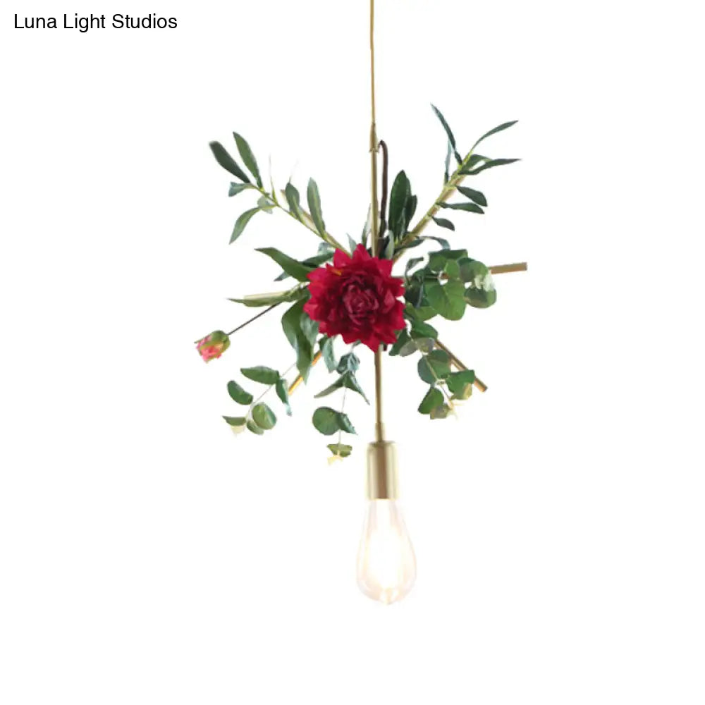 Gold Drop Pendant Iron Triangle/Square/Rectangle Farm Frame Suspension Lighting With Faux Rose