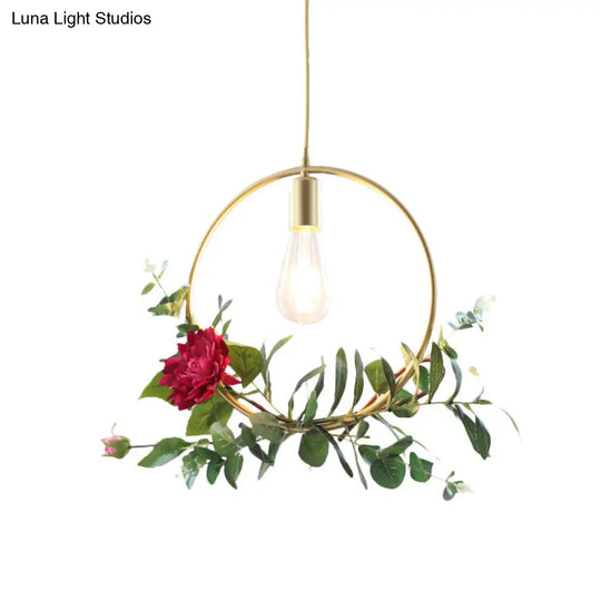 Gold Drop Pendant Iron Triangle/Square/Rectangle Farm Frame Suspension Lighting With Faux Rose