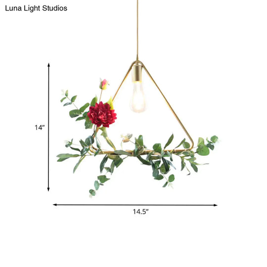 Gold Drop Pendant Iron Triangle/Square/Rectangle Farm Frame Suspension Lighting With Faux Rose