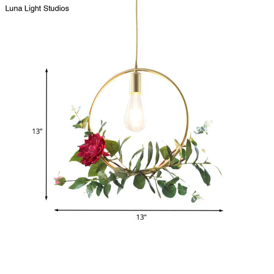 Gold Drop Pendant Iron Triangle/Square/Rectangle Farm Frame Suspension Lighting With Faux Rose