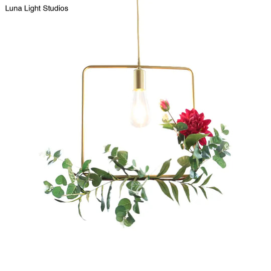 Gold Drop Pendant Iron Triangle/Square/Rectangle Farm Frame Suspension Lighting With Faux Rose