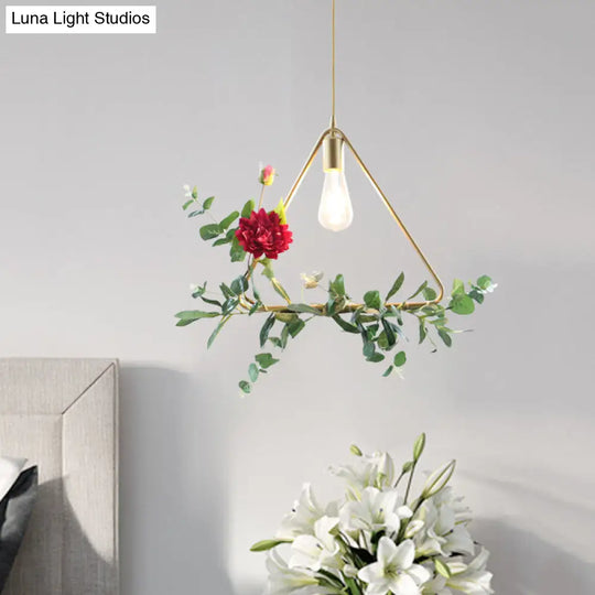 Gold Drop Pendant Iron Triangle/Square/Rectangle Farm Frame Suspension Lighting With Faux Rose