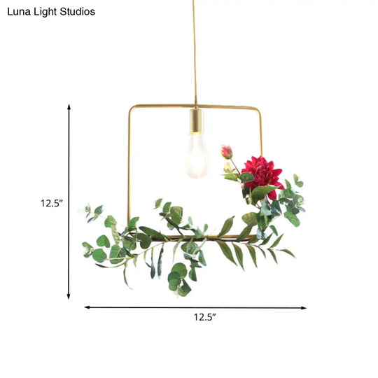 Gold Drop Pendant Iron Triangle/Square/Rectangle Farm Frame Suspension Lighting With Faux Rose