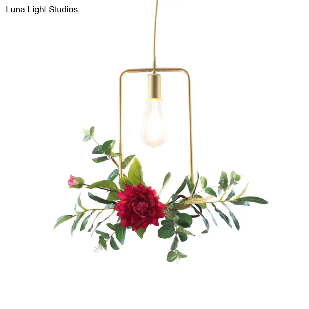 Gold Drop Pendant Iron Triangle/Square/Rectangle Farm Frame Suspension Lighting With Faux Rose