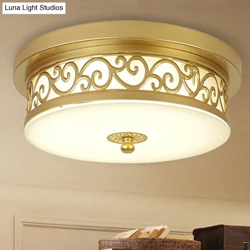 Gold Drum Flush Mount Led Lamp With Classic White Glass - Ideal Living Room Ceiling Light In Or Warm