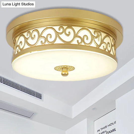 Gold Drum Flush Mount Led Lamp With Classic White Glass - Ideal Living Room Ceiling Light In Or Warm