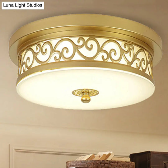 Gold Drum Flush Mount Led Lamp With Classic White Glass - Ideal Living Room Ceiling Light In Or