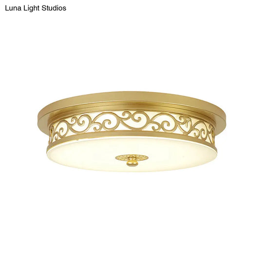 Gold Drum Flush Mount Led Lamp With Classic White Glass - Ideal Living Room Ceiling Light In Or