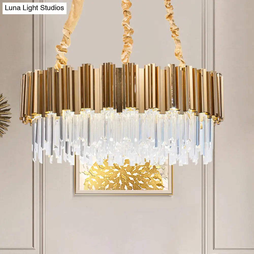 Gold Crystal Icicles Hanging Chandelier - 10/15-Bulb Drum Shape 21.5/28 Dia / 21.5