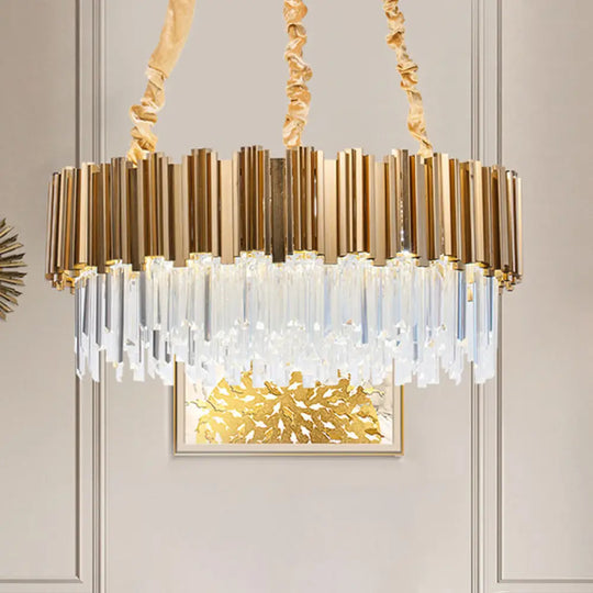 Gold Drum Shaped Crystal Icicles Pendant Chandelier 10/15-Bulb Postmodern Hanging Light