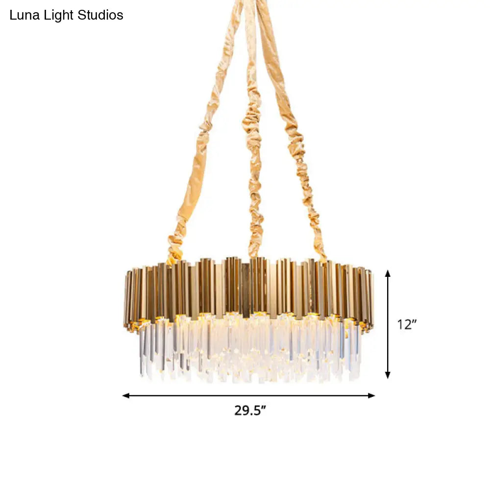 Gold Crystal Icicles Hanging Chandelier - 10/15-Bulb Drum Shape 21.5/28 Dia