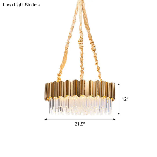 Gold Crystal Icicles Hanging Chandelier - 10/15-Bulb Drum Shape 21.5/28 Dia