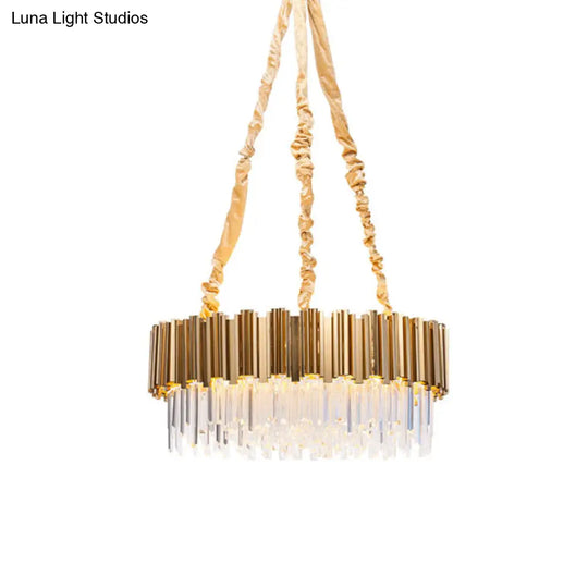 Gold Drum Shaped Crystal Icicles Pendant Chandelier 10/15-Bulb Postmodern Hanging Light