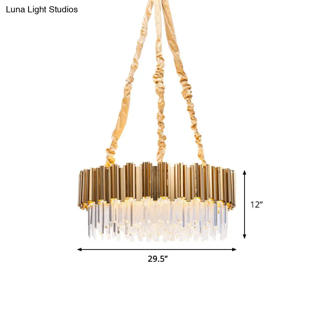 Gold Drum Shaped Crystal Icicles Pendant Chandelier 10/15-Bulb Postmodern Hanging Light