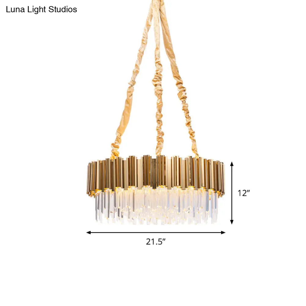 Gold Drum Shaped Crystal Icicles Pendant Chandelier 10/15-Bulb Postmodern Hanging Light