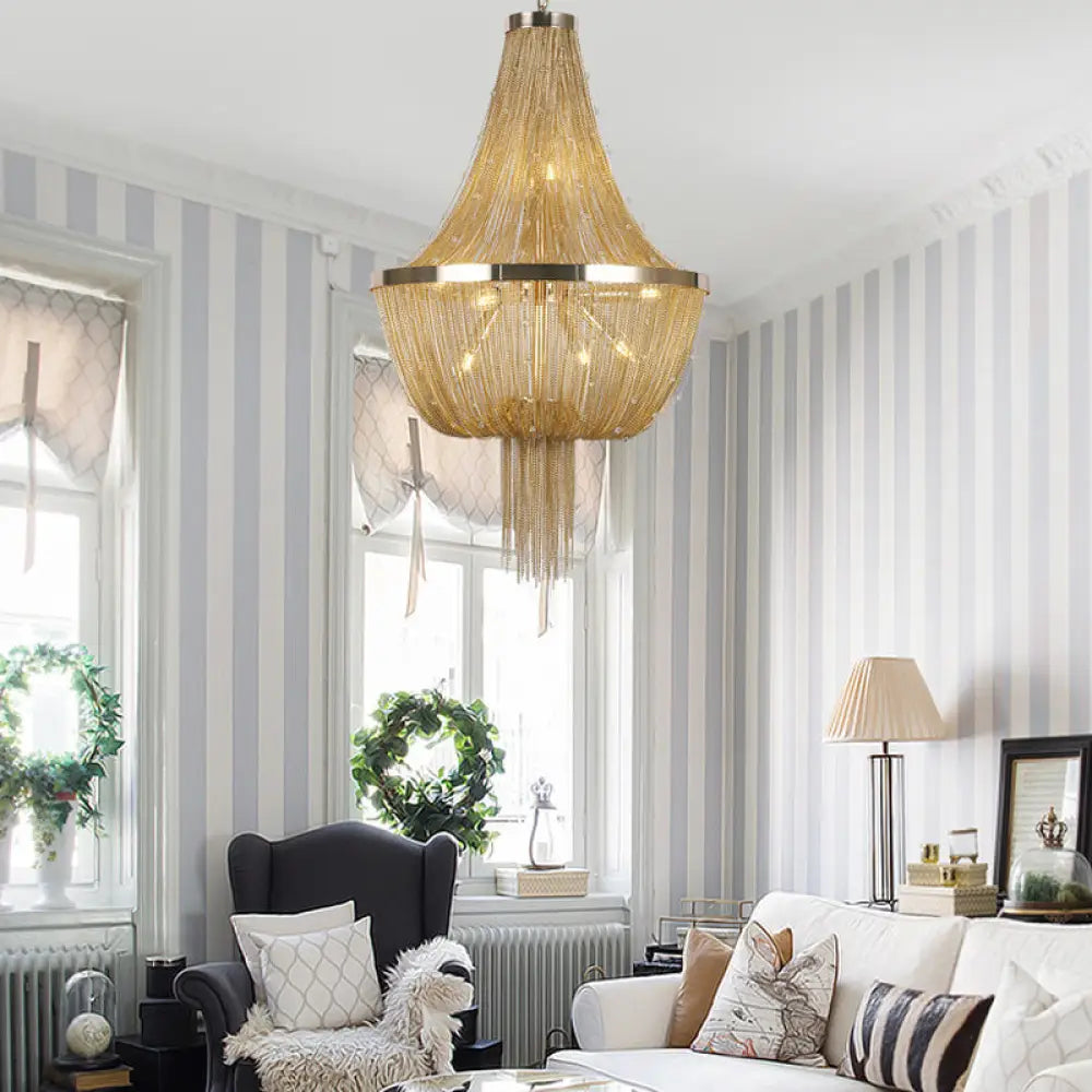 Gold Empire Chandelier - Modern Nordic Style 6-Light Ceiling Fixture With Tassel Detailing