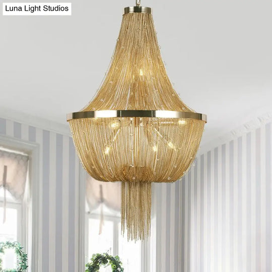 Gold Empire Chandelier - Modern Nordic Style 6-Light Ceiling Fixture With Tassel Detailing