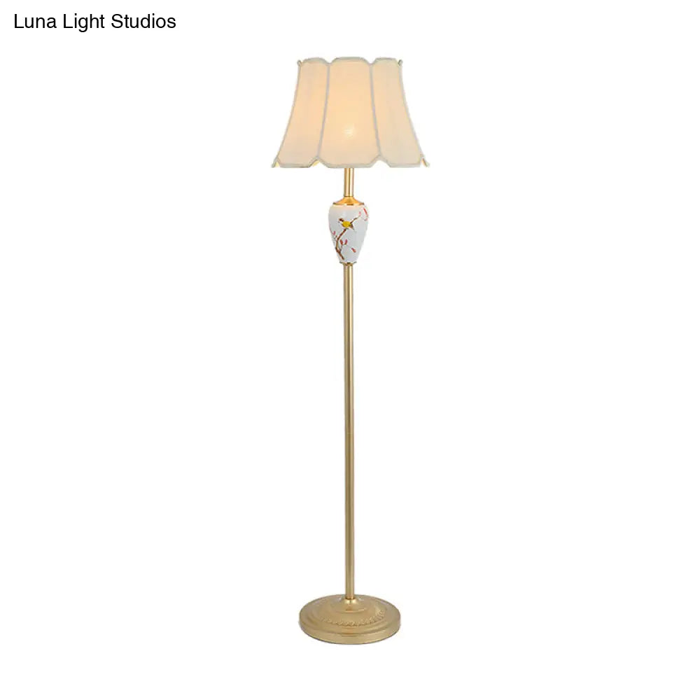 Gold Fabric Flared Floor Light: Classic 1-Light Accent Lamp For Living Room With Scalloped Trimming