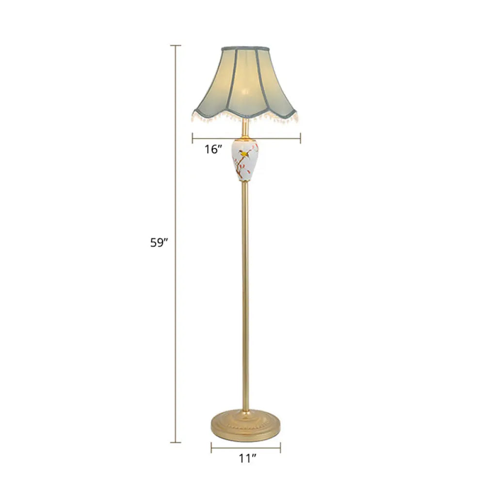 Gold Fabric Flared Floor Light: Classic 1-Light Accent Lamp For Living Room With Scalloped Trimming