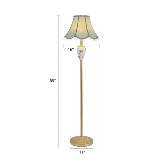 Gold Fabric Flared Floor Light: Classic 1-Light Accent Lamp For Living Room With Scalloped Trimming