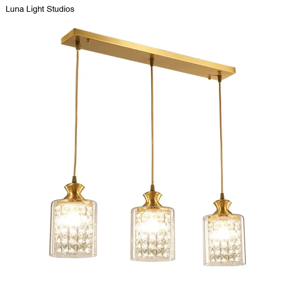 Gold Faceted Crystal Cylinder Pendant With Clear Glass Shades - Modernist Multi-Light Hanging Lamp