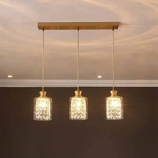 Gold Faceted Crystal Cylinder Pendant With Clear Glass Shades - Modernist Multi-Light Hanging Lamp