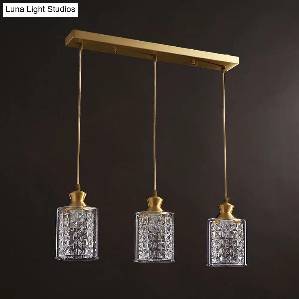 Modernist Gold Pendant Lamp With Faceted Crystal And Clear Glass Shade - 3 Heads