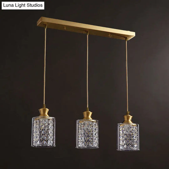 Modernist Gold Pendant Lamp With Faceted Crystal And Clear Glass Shade - 3 Heads