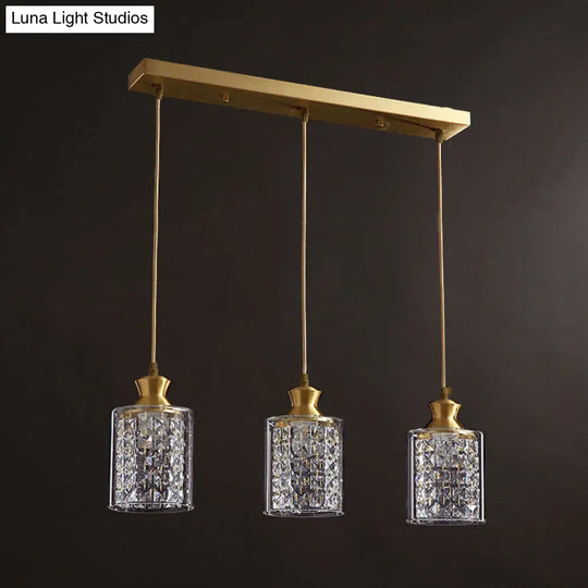 Gold Faceted Crystal Cylinder Pendant With Clear Glass Shades - Modernist Multi-Light Hanging Lamp