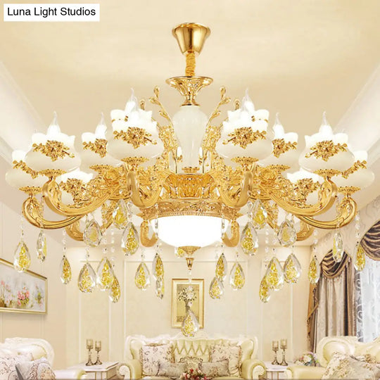 Gold Faux Jade Ceiling Chandelier For Living Room - Flowerbud Simplicity Lighting Fixture